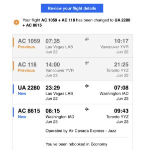 Changed itinerary by Air Canada